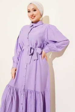 Buttoned Flared Belted Dress Lilac all'ingrosso dress view 2 - Hicabistan fabbrica Turchia