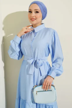 Buttoned Flared Belted Dress Blue all'ingrosso dress view 2 - Hicabistan fabbrica Turchia