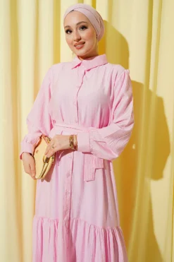 Buttoned Flared Belted Dress Pink all'ingrosso dress view 2 - Hicabistan fabbrica Turchia