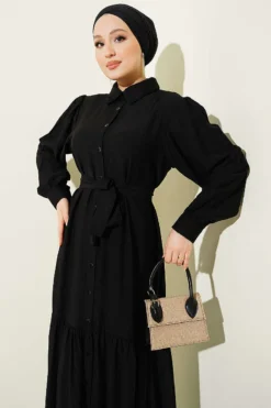 Buttoned Flared Belted Dress Black all'ingrosso dress view 2 - Hicabistan fabbrica Turchia