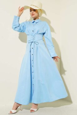 Buttoned Corset Detailed Dress Baby Blue