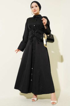 Buttoned Corset Detailed Dress Black