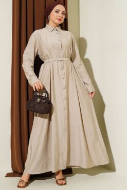 Buttoned Belted Dress with Trousers Beige