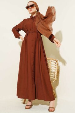 Buttoned Belted Dress with Trousers Brown
