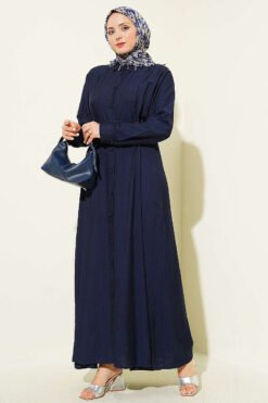 Buttoned Belted Dress with Trousers Navy Blue