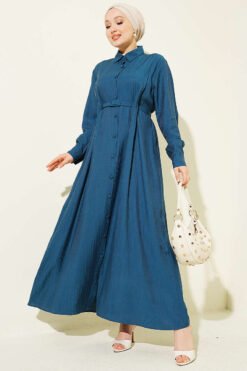 Buttoned Belted Dress with Trousers Petrol