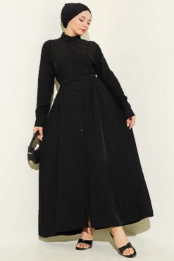 Buttoned Belted Dress with Trousers Black