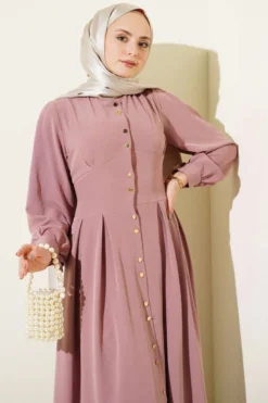 Gold Button Pleated Dress Gold all'ingrosso dress view 2 - Hicabistan fabbrica Turchia