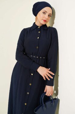Buttoned Belted Dress Navy Blue groothandel dress view 2 - Hicabistan Turkije fabriek