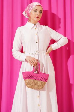 Buttoned Belted Dress Pink groothandel dress view 2 - Hicabistan Turkije fabriek