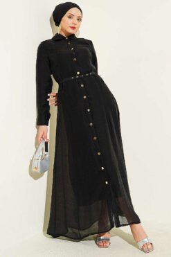 Buttoned Belted Dress Black groothandel dress - Hicabistan Turkije fabriek