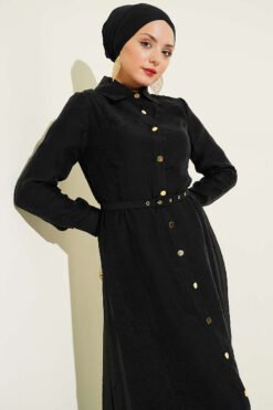 Buttoned Belted Dress Black groothandel dress view 2 - Hicabistan Turkije fabriek