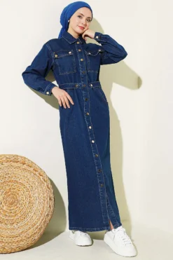 Denim Dress with Metal Buttons Blue