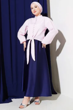 Brit Buttoned Tied Short Shirt Pink Großhandel shirt view 2 - Hicabistan Türkei Fabrik