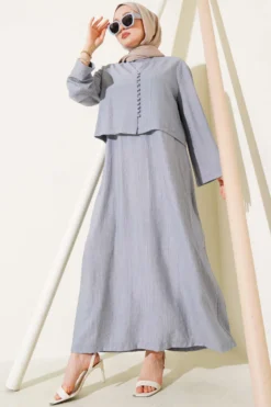Brit Buttoned Blouse and Dress Set Grey