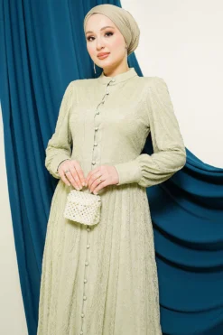 Brit Buttoned Lace Evening Dress