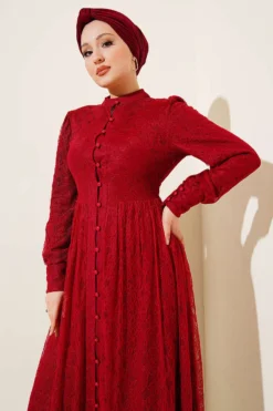 Brit Buttoned Lace Evening Dress Burgundy Großhandel dress view 2 - Hicabistan Türkei Fabrik