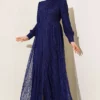 Brit Buttoned Lace Evening Dress Navy Blue