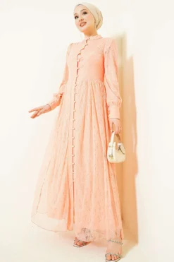 Brit Buttoned Lace Evening Dress Großhandel dress view 2 - Hicabistan Türkei Fabrik