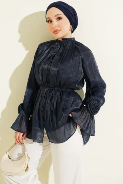 Button Detail Rose Embellished Evening Shirt Navy Blue