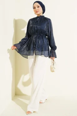 Alternative view of Button Detail Rose Embellished Evening Shirt Navy Blue