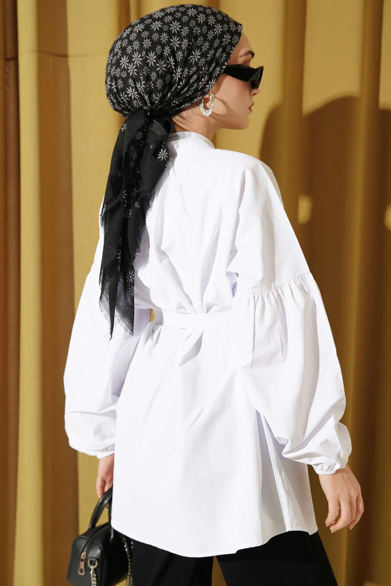 Brit Buttoned Mandarin Collar Poplin Shirt White en gros shirt view 3 - Hicabistan usine Turquie