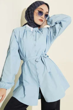 Brit Buttoned Mandarin Collar Poplin Shirt Blue en gros shirt - Hicabistan usine Turquie