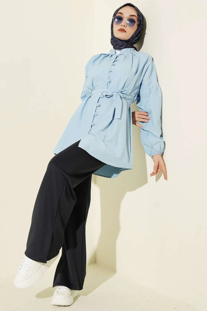 Brit Buttoned Mandarin Collar Poplin Shirt Blue بالجملة shirt view 2 - Hicabistan مصنع تركيا