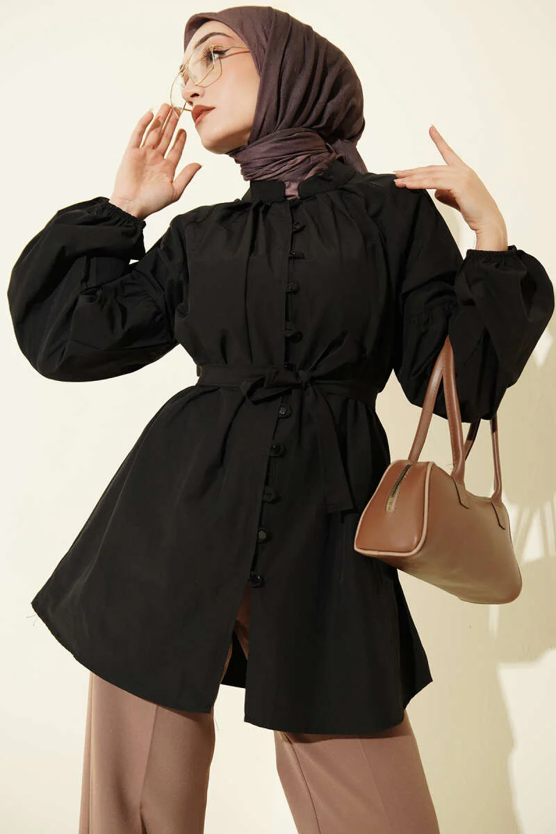 Brit Buttoned Mandarin Collar Poplin Shirt Black بالجملة shirt - Hicabistan مصنع تركيا