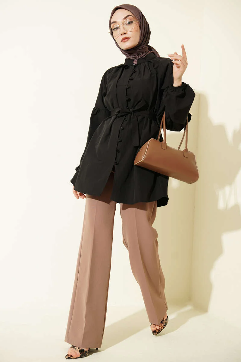 Brit Buttoned Mandarin Collar Poplin Shirt Black بالجملة shirt view 2 - Hicabistan مصنع تركيا