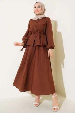 Buttoned Twin Skirt Set Brown
