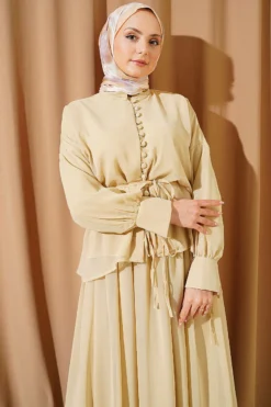 Brit Buttoned Chiffon Skirt Set Beige