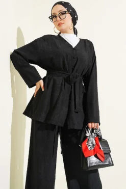 Brit Buttoned Belted Two-Piece Set Black wholesale clothing set view 2 - Hicabistan Turkey factory