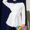 Brit Buttoned Belted Terikoton Shirt White Großhandel shirt - Hicabistan Türkei Fabrik