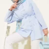 Brit Buttoned Belted Terikoton Shirt Blue wholesale shirt - Hicabistan Turkey factory