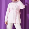 Brit Buttoned Belted Terikoton Shirt Pink بالجملة shirt - Hicabistan مصنع تركيا