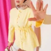 Brit Buttoned Belted Terikoton Shirt Yellow groothandel shirt - Hicabistan Turkije fabriek