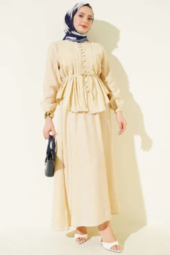 Brit Buttoned Pleated Skirt Set Beige