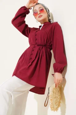Brit Buttoned Pleated Tunic Burgundy