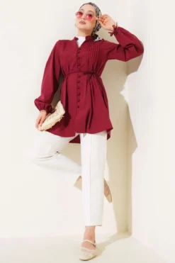 Alternative view of Brit Buttoned Pleated Tunic Burgundy