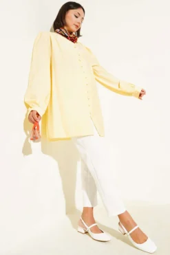 Brit Buttoned V-Neck Shirt Yellow all'ingrosso shirt view 2 - Hicabistan fabbrica Turchia