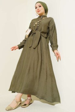 Brit Buttoned Cord Tied Skirt Set Khaki