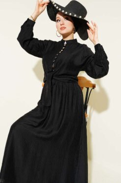 Brit Buttoned Cord Tied Skirt Set Black