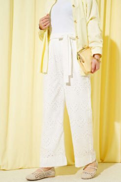 Embroidered Waist Belt Pants Ecru