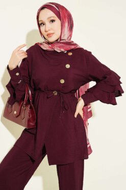 Alternative view of Cross Button Ruffled Sleeve Two-Piece Set Plum