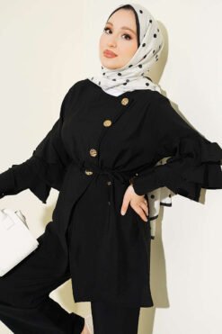 Alternative view of Cross Button Ruffled Sleeve Two-Piece Set Black