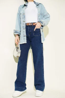 Pocket Detailed Belted Pants Dark Blue