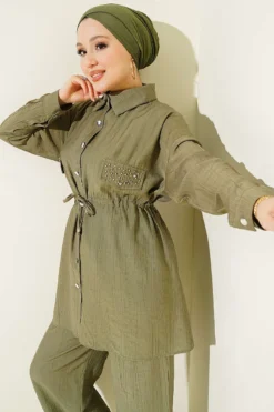 Pocket Flap Waist Tunic Two-Piece Set Khaki wholesale clothing set view 2 - Hicabistan Turkey factory