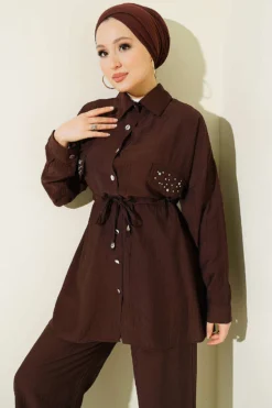 Pocket Flap Waist Tunic Two-Piece Set Brown wholesale clothing set view 2 - Hicabistan Turkey factory