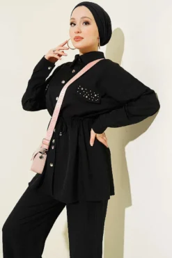 Pocket Flap Waist Tunic Two-Piece Set Black wholesale clothing set view 2 - Hicabistan Turkey factory
